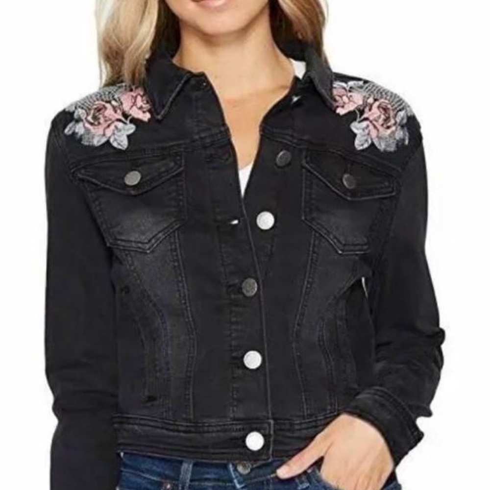 Romeo & Juliet Couture Black Denim Jacket Floral Embroidered Women’s Size Small